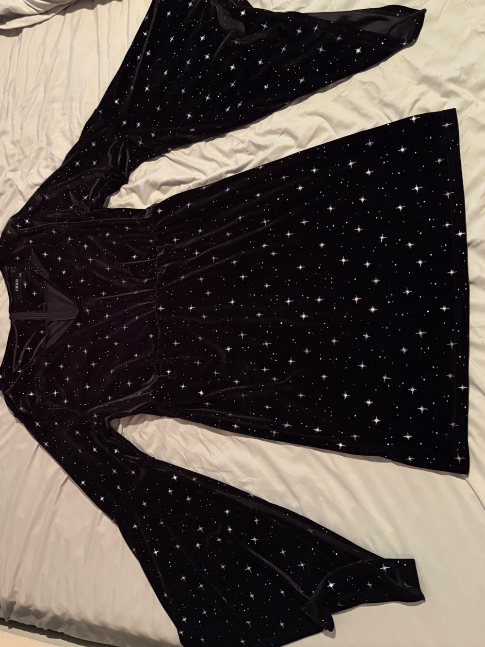 Cider retro Black Velvet Star-Print Long bell Sleeve Dress